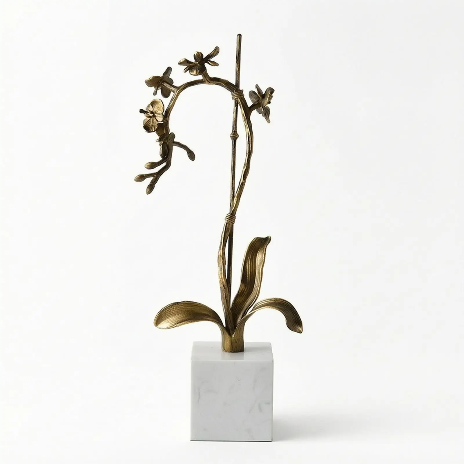 Flower Statue with Marble Base Golden-Hued Flower Figurine Metal for Hotel Lobby