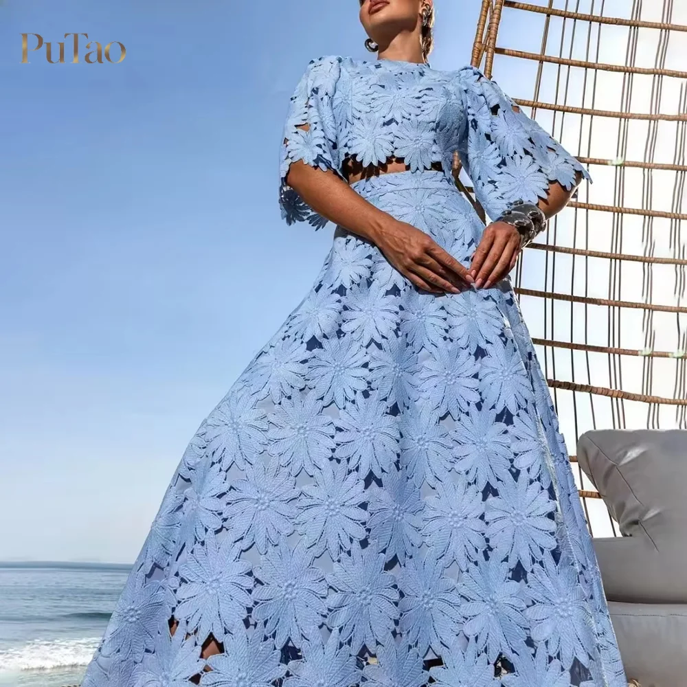 Putao Floral Hollow out Lace 2 Piece Outfit Women Puff Sleeve Crop Top High Waist Midi Skirt Cocktail Party Matching Set