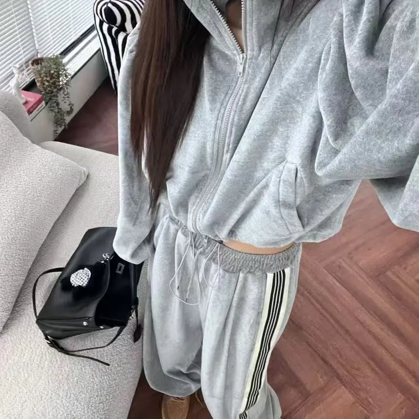 

Корейская шикарная осенне-зимняя модная толстовка с капюшоном и широкие повседневные длинные брюки, комплект из двух предметов для женщин