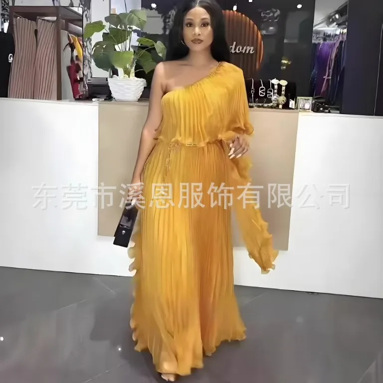 

Miyake Pleated Dress W Evening 2025 Summer New Fashion Sexy Solid Colour Organza Slant Shoulder Flared Sleeve Dresses for Women