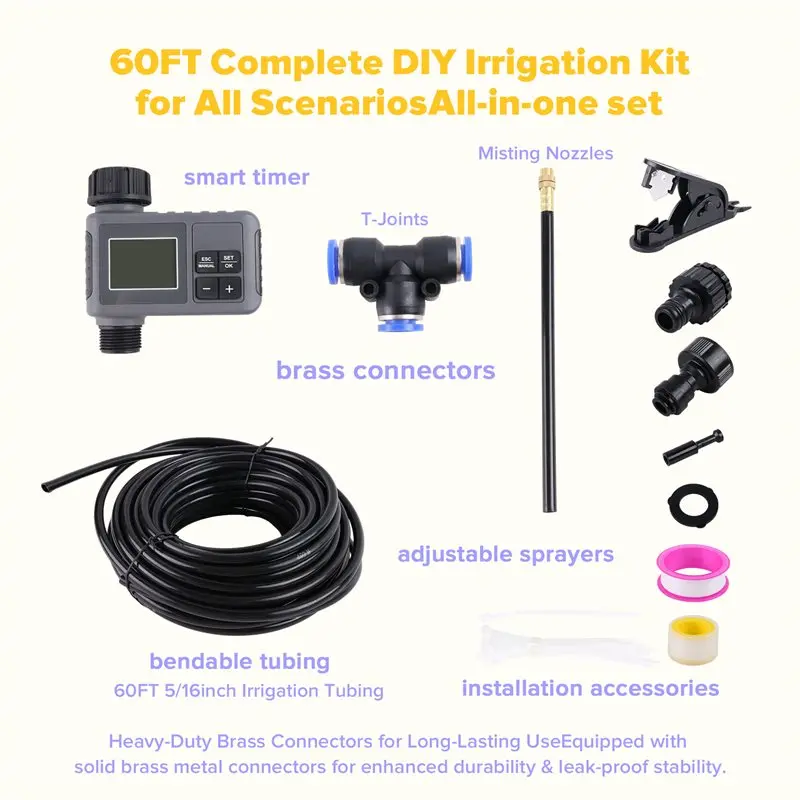 ABYN-60Ft Drip Irrigation System With Smart Water Timer, Solid Brass Connectors, 360° Adjustable Nozzles, Bendable Tubing