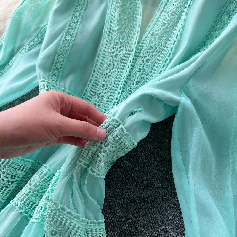 Robe longue élégante en dentelle brodée ajourée, vêtements d'automne pour femmes, manches lanternes, grandes robes trapèze, robe de bal, robe de soirée