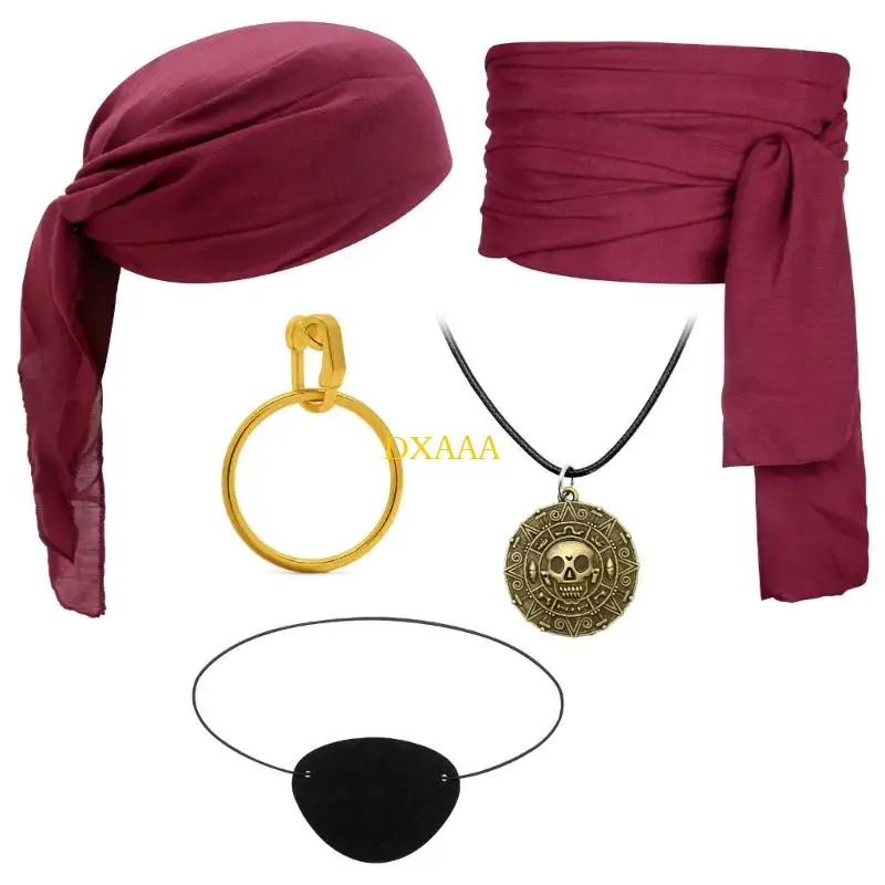 DXAA Halloween Pirate Costume Accessories Pirate Head Scarf Hat Waist Belt Eye Patches for Medieval Renaissances Cosplay