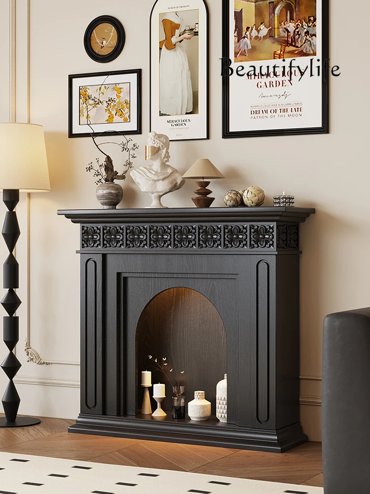 French Fireplace Curio Cabinet Living Room Home Solid Wood Black Color with Carved Flower Entrance Rack Storage Cabinet