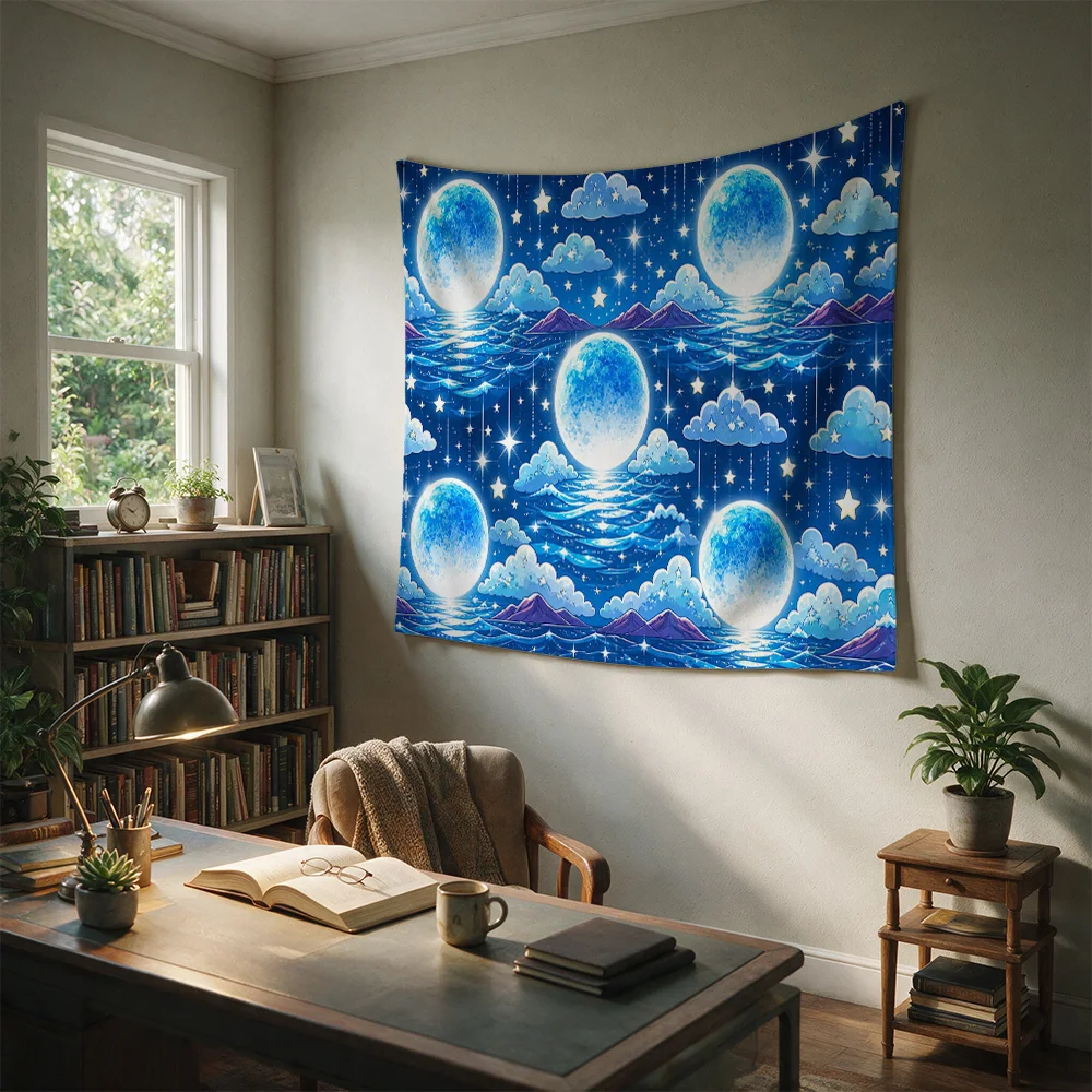 Vibrant Galaxy Night Sky Dream Curtain Tapestry Blue Moon Stars Ocean Wave Boho Living Room Wall Decor