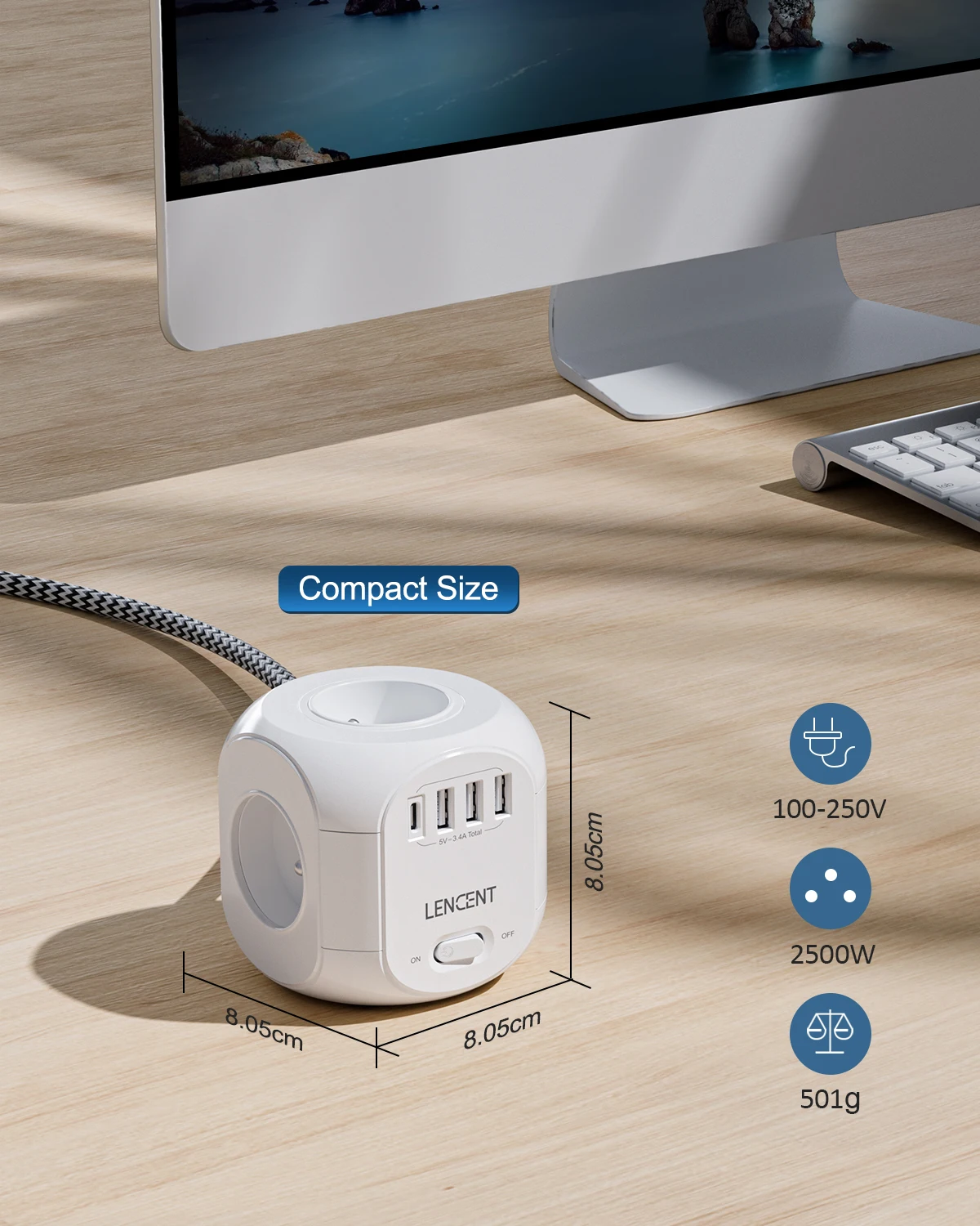 Imagem -06 - Lencent-fr Flat Plug Power Strip Cube com Saídas ac Portas Usb tipo c Cabo Trançado 3m Soquete Multi com Interruptor para Casa