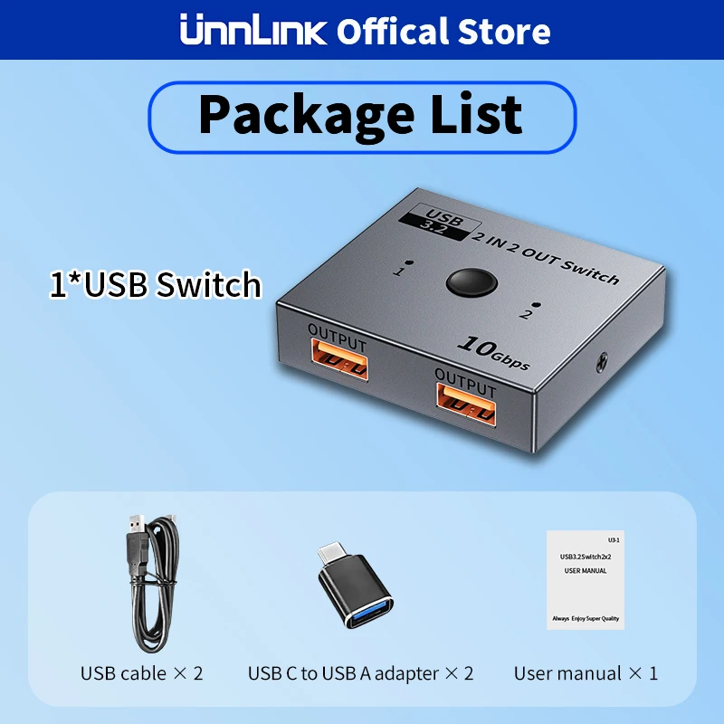  Unnlink USB 3.2 Switch 2 In 2 Out, 2 Computers Sharing Keyboard Mouse Webcam Printer Scanner, USB Selector Switcher 2 Port