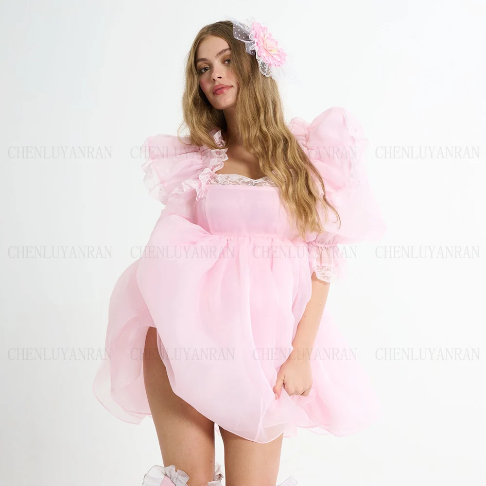 

Lolita Pink Cute Formal Occasion Dresses 2023 Puffy Sleeves Short Homecoming Dress A-Line Evening Gowns فساتين مناسبة رسمية