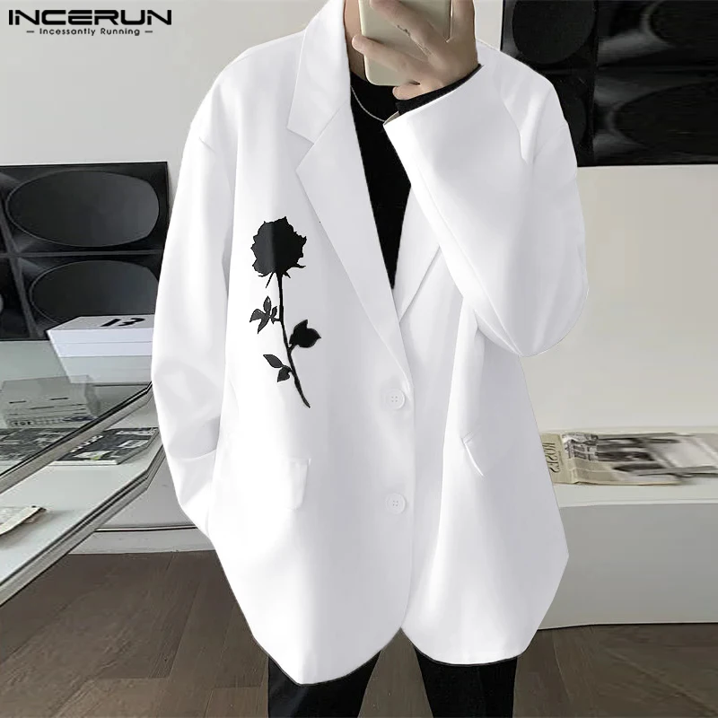 INCERUN Men Casual Blazer 2024 Autumn V Neck Long Sleeve Elegant Black And White Color Suit Rose Flower Printed Blazer Coats