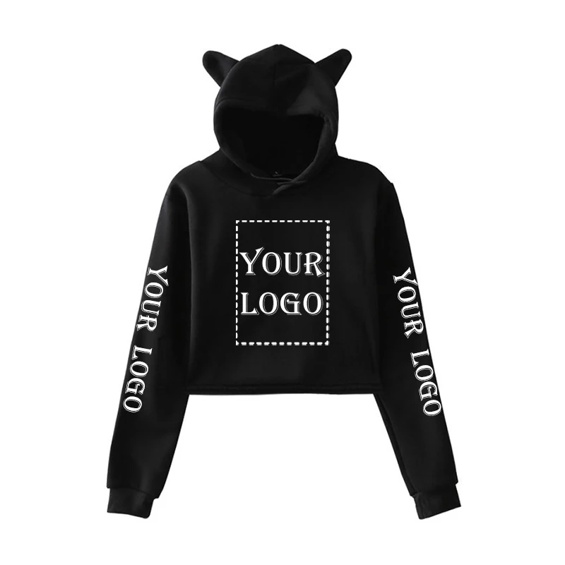 Custom Crop Hoodie Your OWN Design Brand Logo/Picture Printing Sweatshirt Women Fashion Cat Ear Hoodie Kpop Hip-hop DIY Clothes