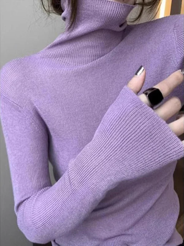 Top de Punto Elástico para Mujer, Ajustado, Color Morado, Sabor a Raíz de Taro, Moderno, para Otoño e Invierno
