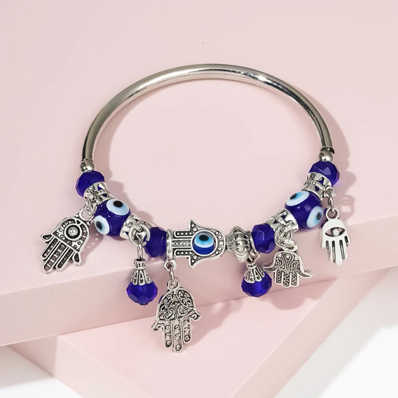 Ethnic Hand Palm Evil Eye Charm Bracelets for Women Men Boho Elastic Resin Bead Bangle Armband Vintage Silver Color Jewelry 2023
