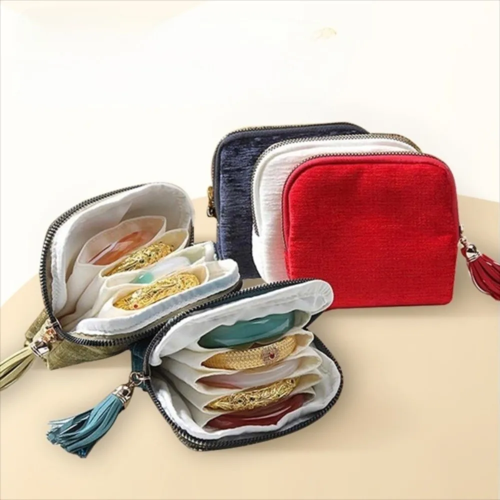 フランネルトラベルジュエリーケースミニ、コンパートメント付きジュエリーオーガナイザー、タッセルジッパー付きポータブルジュエリー収納ポーチ