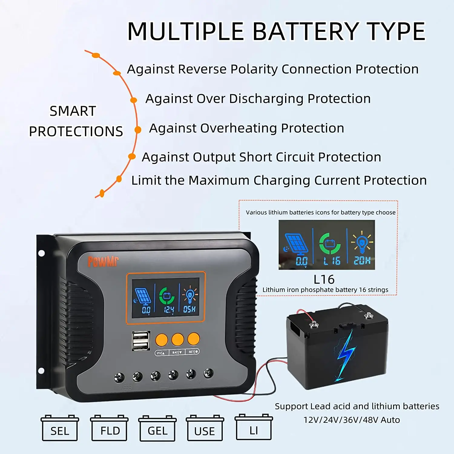 Imagem -06 - Controlador de Carga Solar Pwm 60a 80a Max pv 100vdc 12v 24v 36v 48v Regulador Inteligente de Bateria Automática para Painel Solar Display Lcd