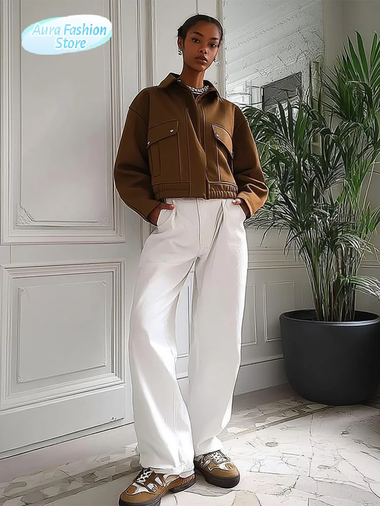 

Women's Brown Cropped Suede Jacket Fashion Lapel Full Sleeve Zipper Pocket Short Coats 2025 Autumn Lady Daily Commute Outwear