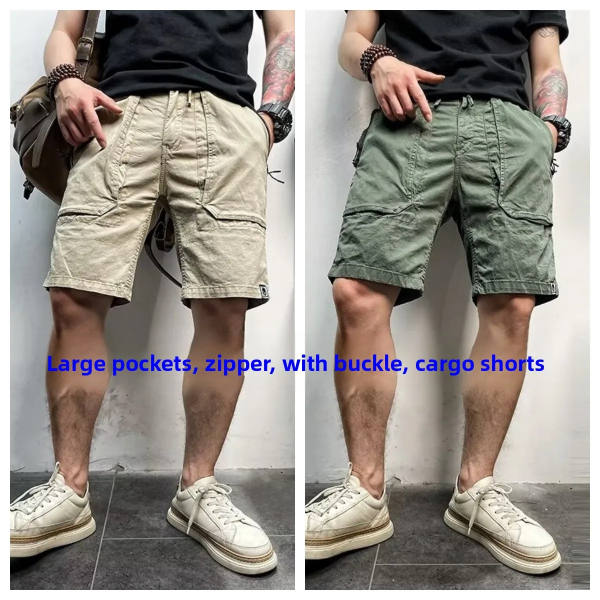 

American Retro Summer Thin Elastic Waist k Button Pure Cotton Men's Zipper Large ket Workwear Casual Five-Quarter orts
