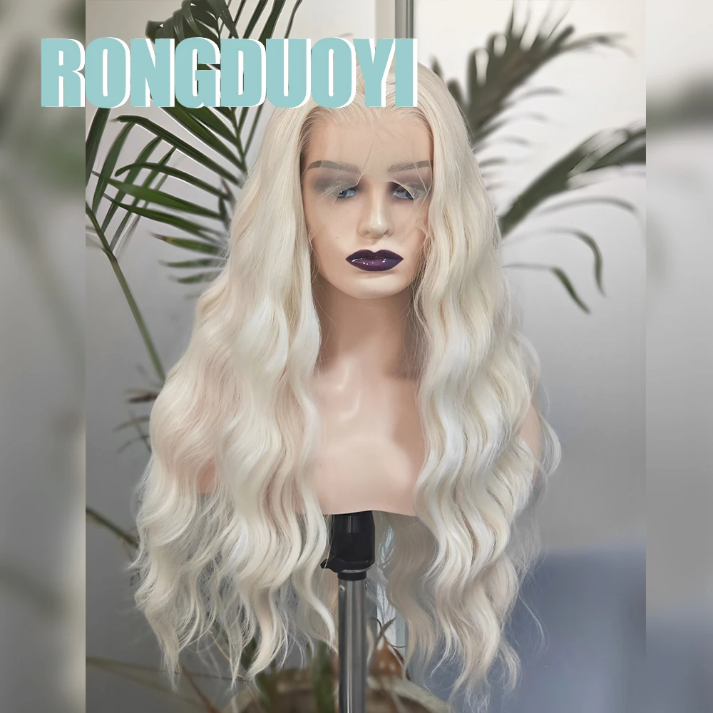 RONGDUOYI Platinum Loose Wave Wig White Blonde Brown Synthetic Hair Body Wavy Lace Front Wigs for Women Daily Cosplay Use Hair