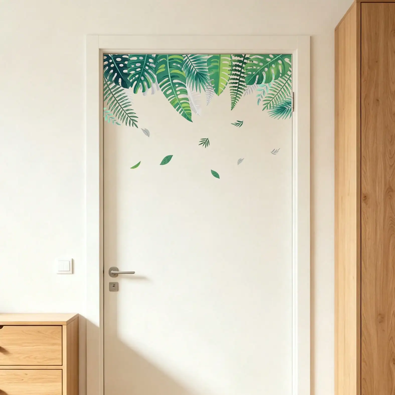 Tropical green plant wall stickers, turtle backed bamboo/palm leaves/ferns, living room/bedroom wall decorations, self-adhesive