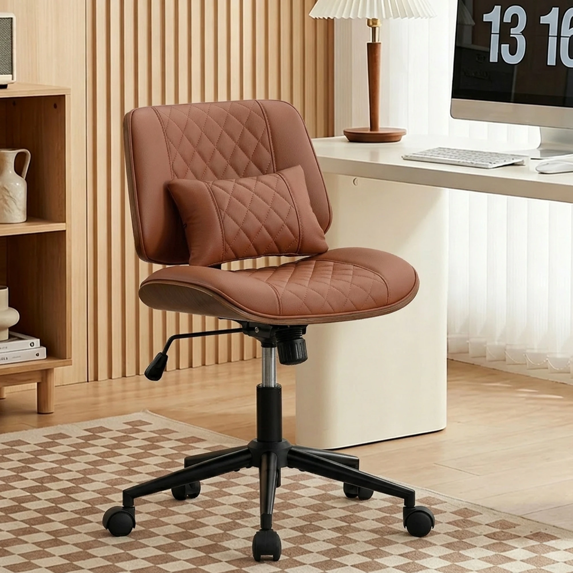 TCGBKAF PU Leather Small Desk Chair, Armless Adjustable Swivel Computer Office Chair with Wheels and Lumbar Support Pillow, Multi-use Chair for Home Office