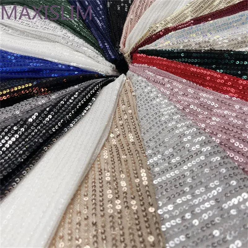 Spot Wholesale 20 Colors Slightly Stretchy Mesh Embroidery Straight Strip 3MM Sequins Fabric DIY Sewing Party Dress Wide：125CM