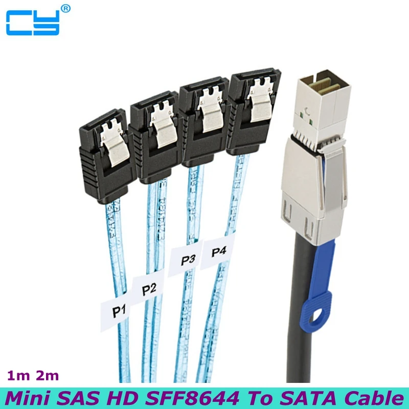 New Mini SAS HD SFF8644 To SATA Cable 4 port 7Pin, Mini SAS HD SFF-8644 to 4 SATA 7pin 12GB for Hard Disk Data Server 1m 2m