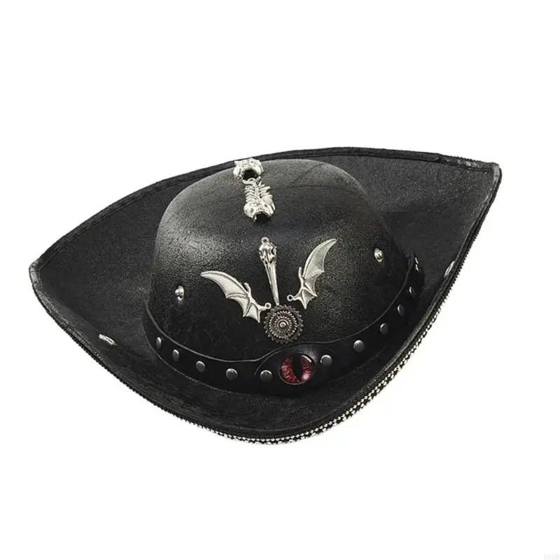 Devil Eye Schwarzer Piratenhut mit Metallverzierungen, perfekt für Halloween-Rollenspiele und Themenveranstaltungen Y08E – Detail 5