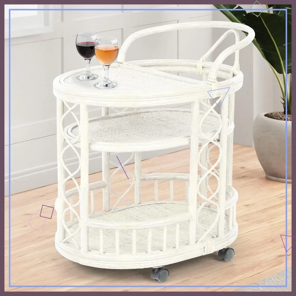 

Плетеная вручную сервировочная тележка из ротанга на колесах, полностью собранная, белая