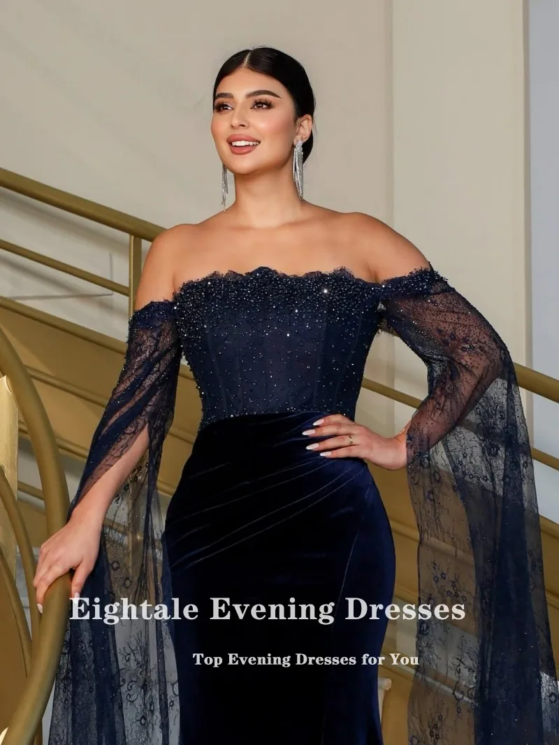 Eightale ベルベット イブニング ドレス 結婚式 パーティー用 カスタマイズされたストラップレス ビーズ ネイビー ブルー マーメイド 長袖 アラビア プロムドレス