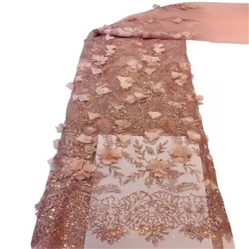 Latest Embroidery African Sequins 3D Flower Lace Fabric 5 Yards High Quality Nigerian Women Wedding French Tulle Lace Material