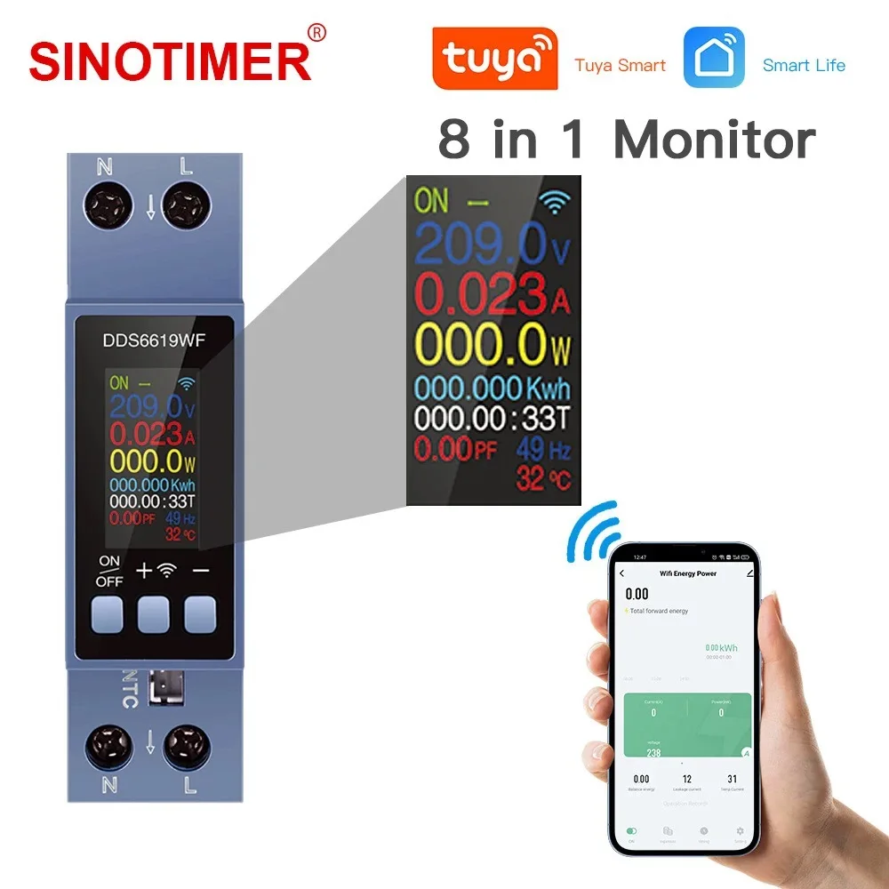 8 in 1 Power Meter WiFi Tuya DIN Rail AC Voltmeter Smart Energy Meter Voltage Current Power kWh/PF/Hz Multi-Function 0.96 Inch