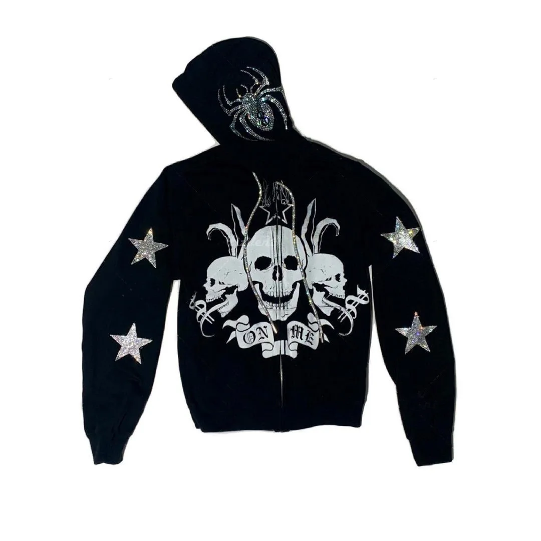 Women Rhinestone Spider Skull print Streetwear Hoodies Women Coat Goth Harajuku Y2k aesthetic Clothes grunge Punk Jacket Zip-up