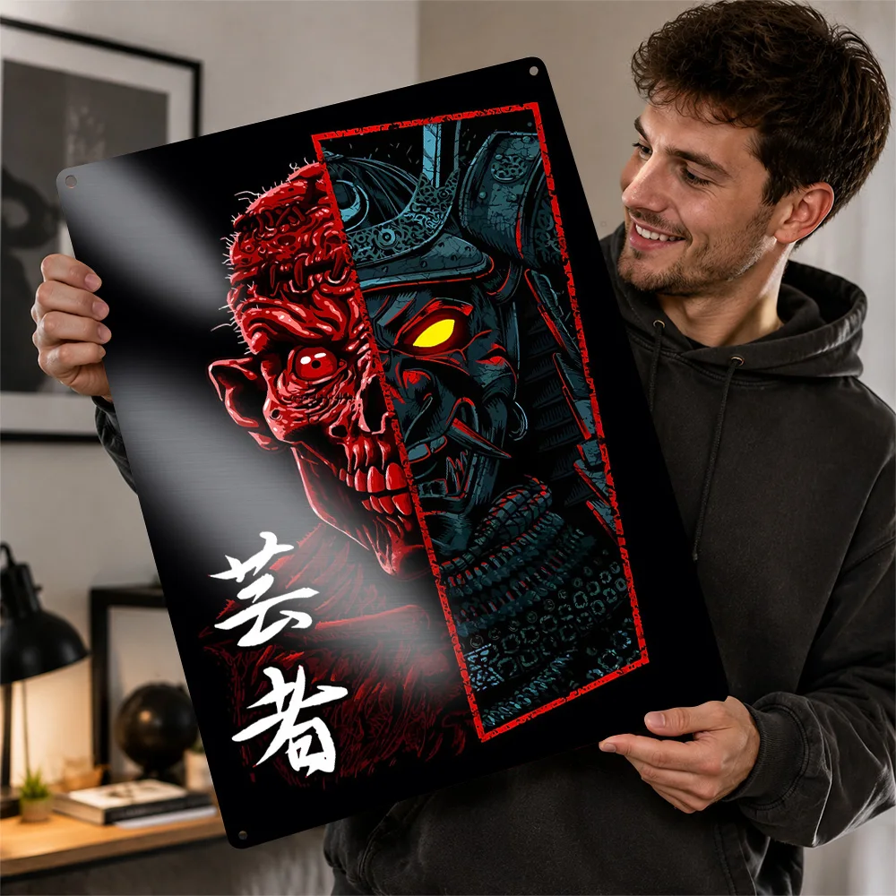 Demonic Samurai Split Portrait Textured Metal Poster Graphic Wall Art For Bedroom Personalized Aluminum Sign Fantasy Fan Gift