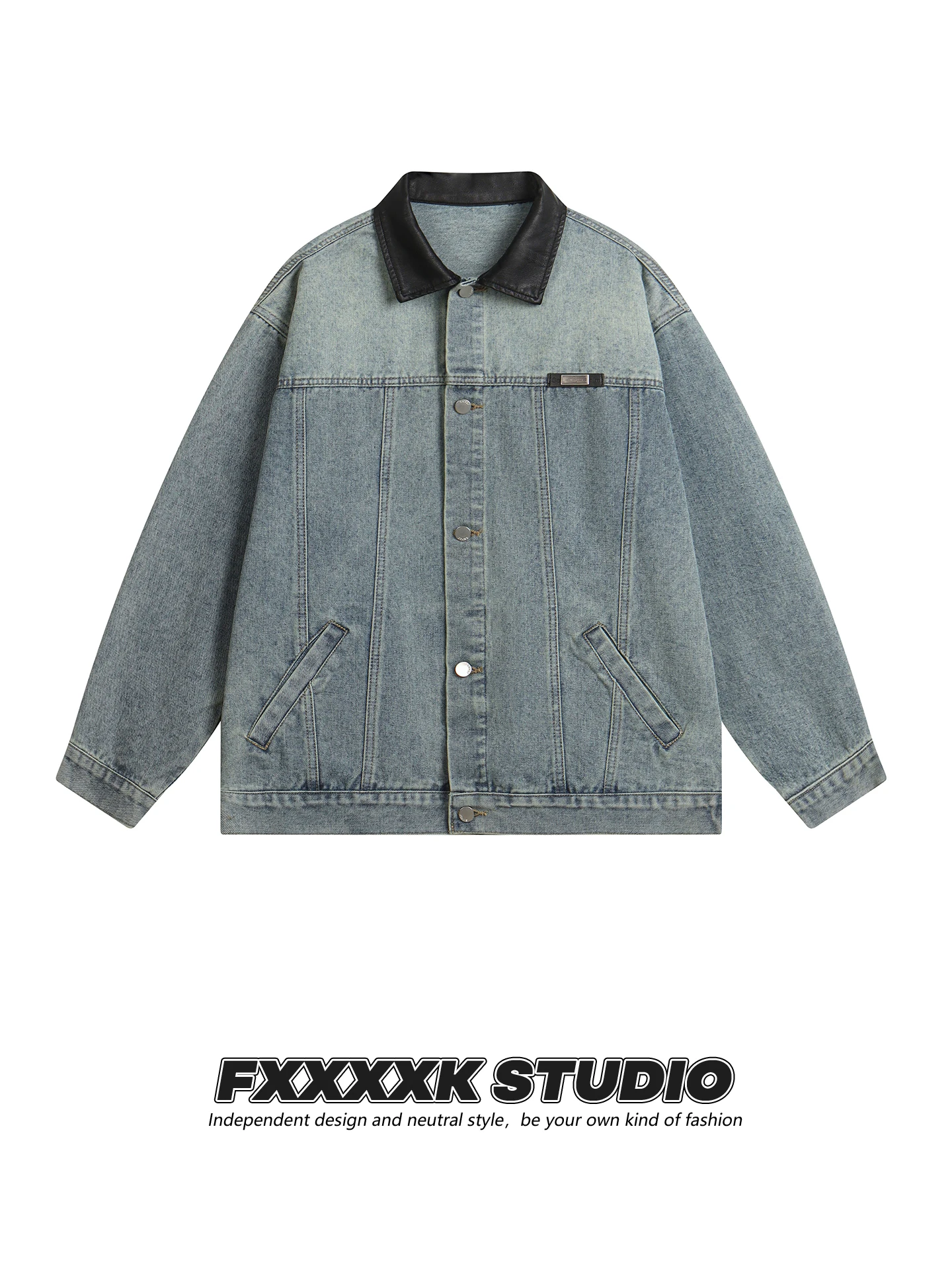 

Оригинальная куртка FXK в американском ретро-стиле из искусственной кожи и денима, свободного кроя, унисекс, осенняя, модная