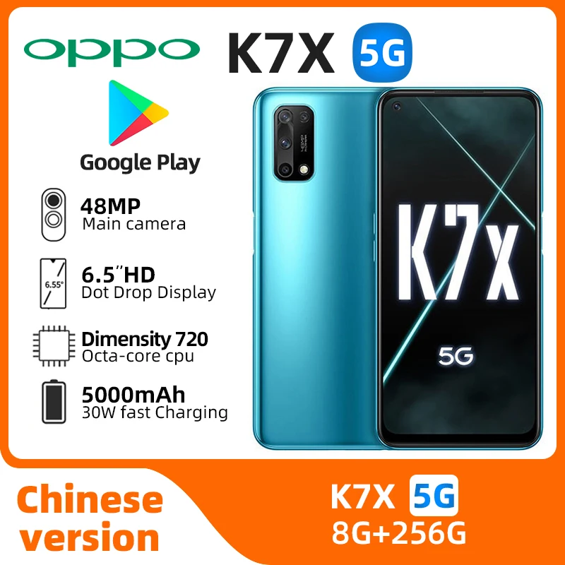 Oppo 안드로이드 중고 스마트폰, 6.5 인치 LCD, 90hz 화면, CPU 치수 720, 48MP 카메라, 5000mAh 배터리, K7x 5g 