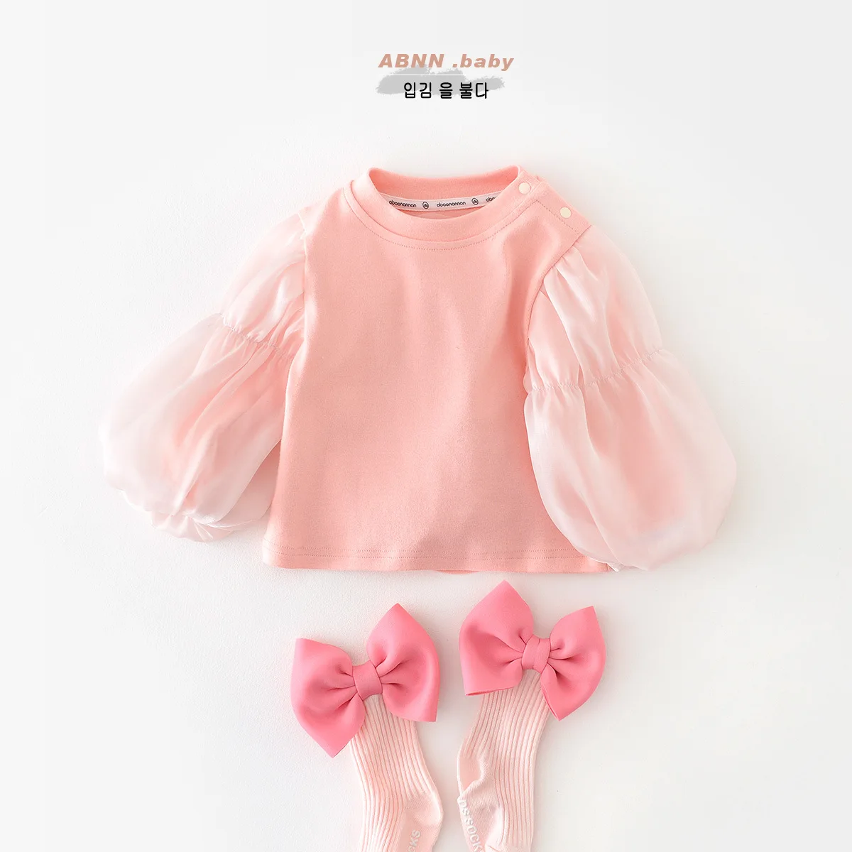 

Spring Autumn 2024 Ins Newborn Girls Tops Cotton Mesh Bubble Sleeve Solid Baby Girls Shirts Versatile Loose Toddler Girls Tees