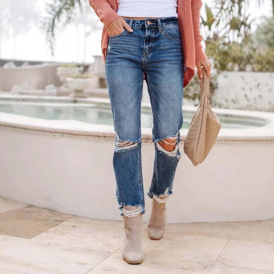 

Женские неэластичные перфорированные джинсы, новые европейские и американские внешнеторговые модные удобные посадки