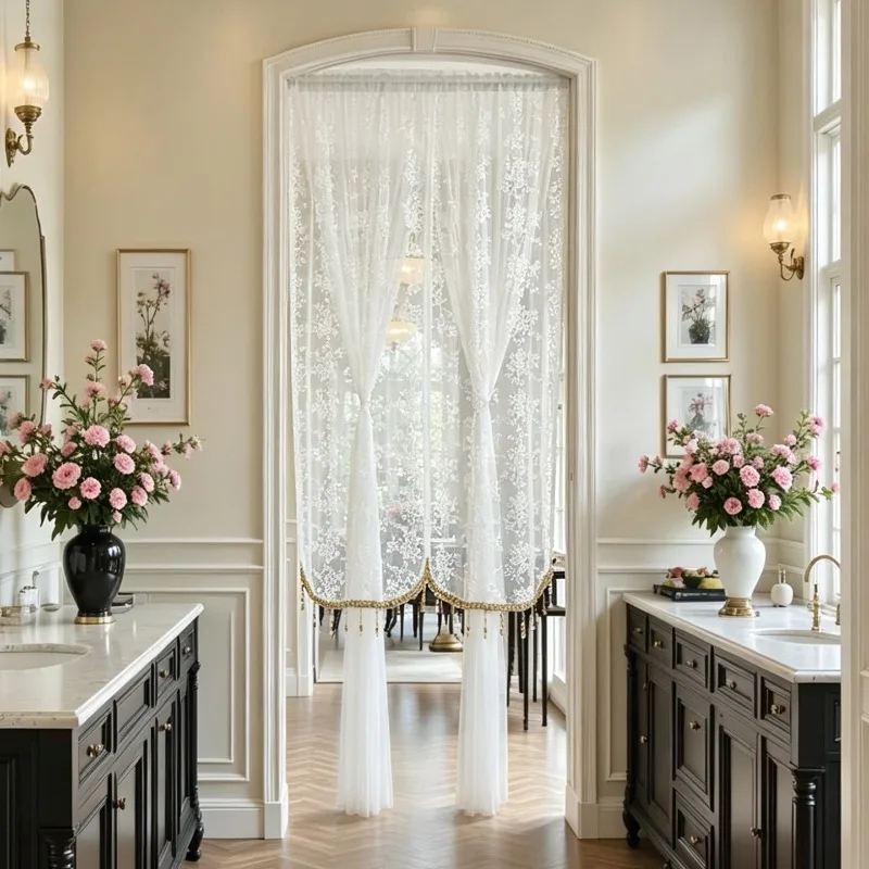White Sheer Lace Window Curtain with Tassel Light Filtering Door Drape Room Divider Curtain for Bedroom Living Room Home Decor