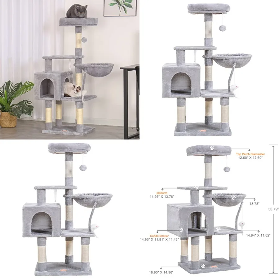 

Cat Tree with Toy, Cat Tower Condo for door Cats, Cat House with Padded Plush Perch, Cozy Hammock and Sisal Scratchg Posts