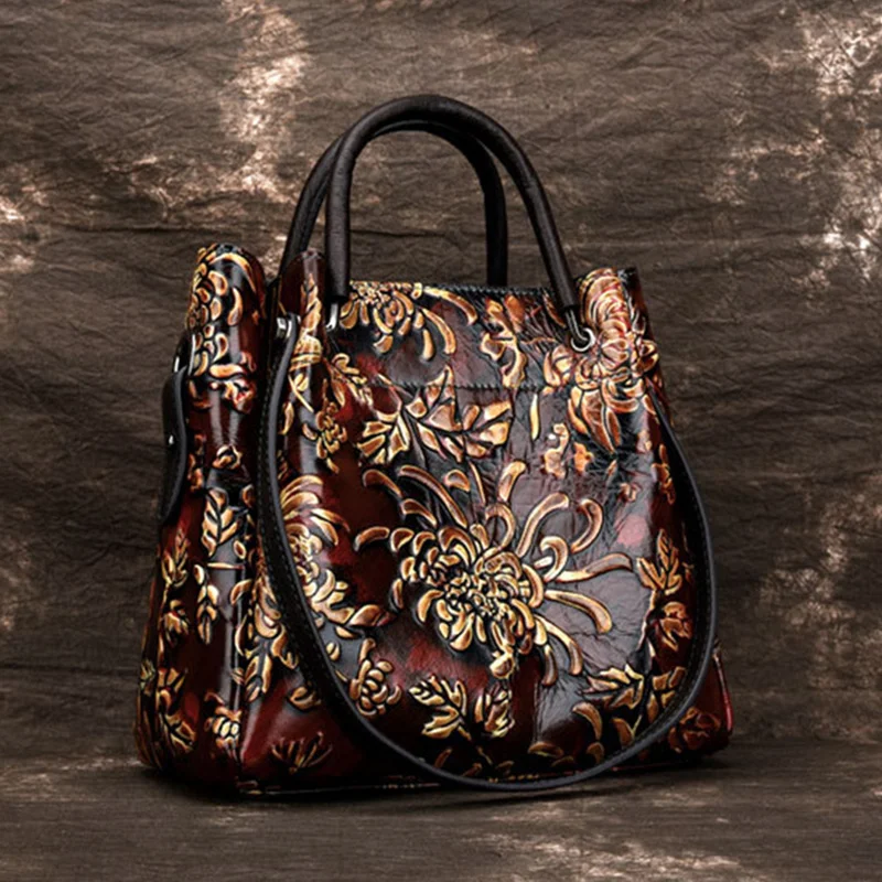 Natural Skin Embossed Messenger Shoulder Female Handbag Tote Bags Floral High Quality Genuine Leather Women Top Handle Bag