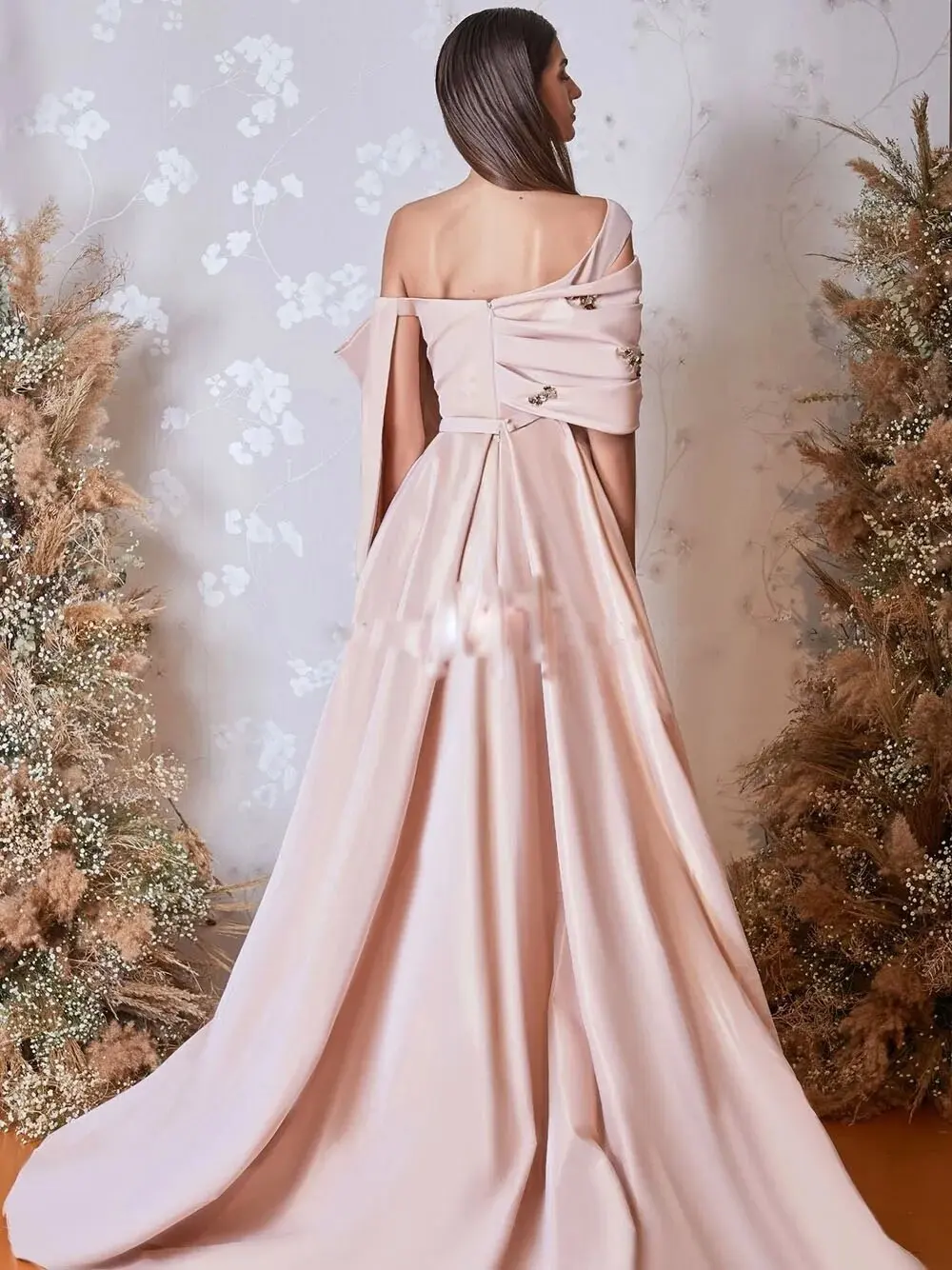 Elegant Light Pink Evening Dresses A Line Off the Shoulder Big Bow Satin Party Prom Gowns Pleats Beaded Special Occasion Wear