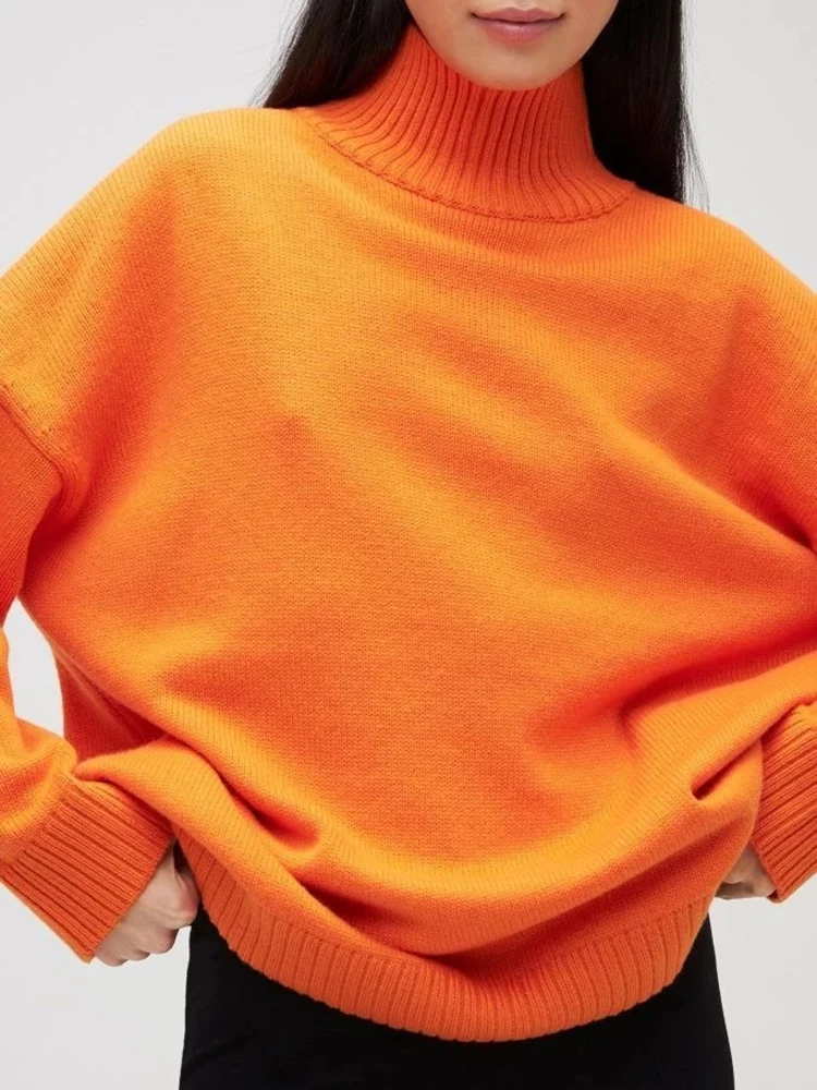 White Knitted Sweaters for Women 2024 Autumn Winter Oversized Pullovers Orange All-match Soft Thick Women\'s Turtleneck Jumpers