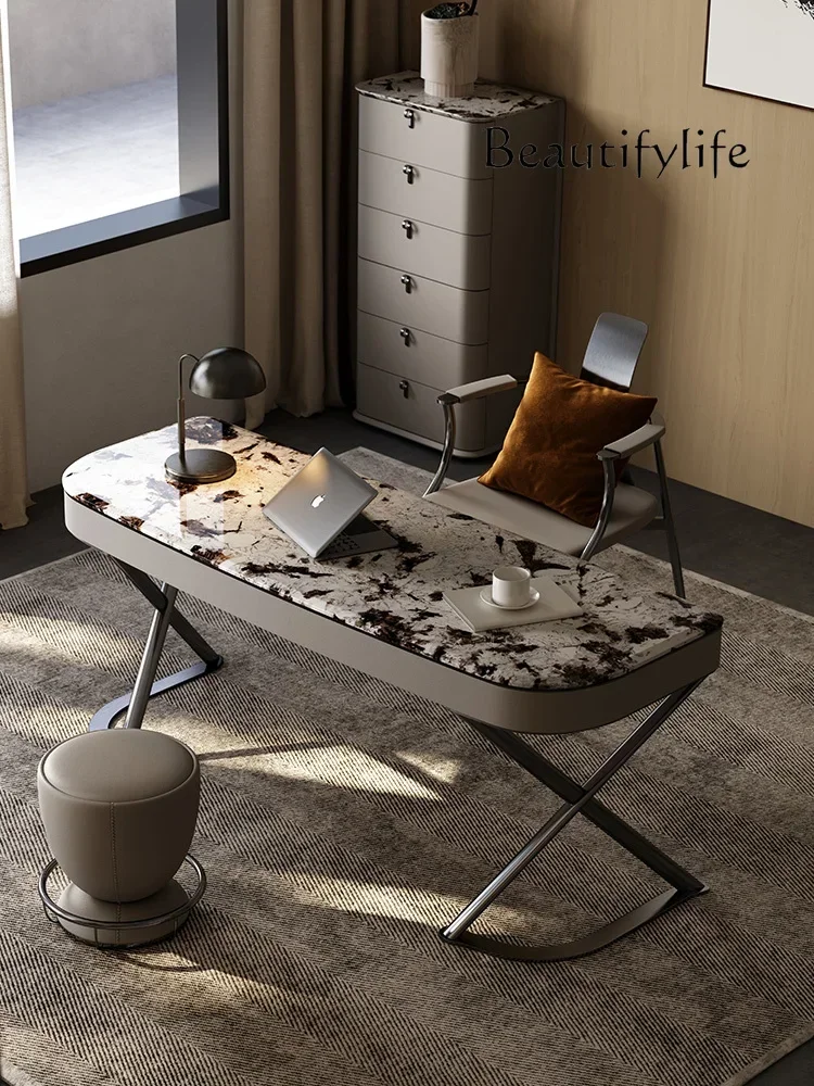 

Italian minimalist desk and chair solid wood high-end light luxury modern writing desk marble