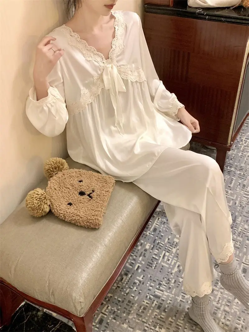 

Palace Style Pajama Sets Women's Spring and Autumn New Cute Lace Long Sleeve Trousers Ice Silk V-Neck Home Clothes 2-piece Set