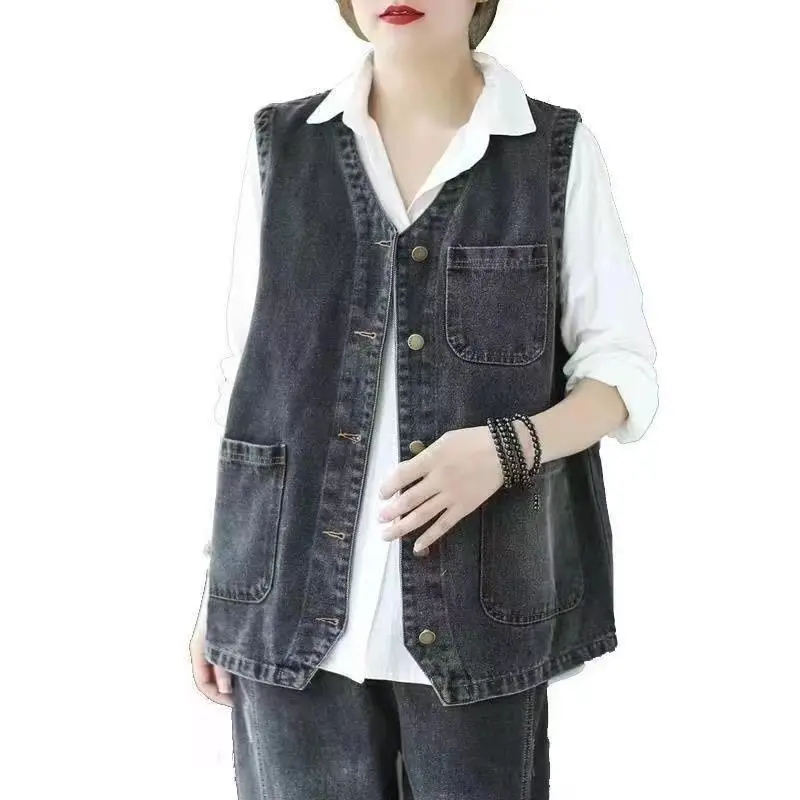 Denim Vest Women Sleeveless Jacket Cardigan Pocket Black Tank Tops Vintage Streetwear Single-breasted Harajuku Tops Design New