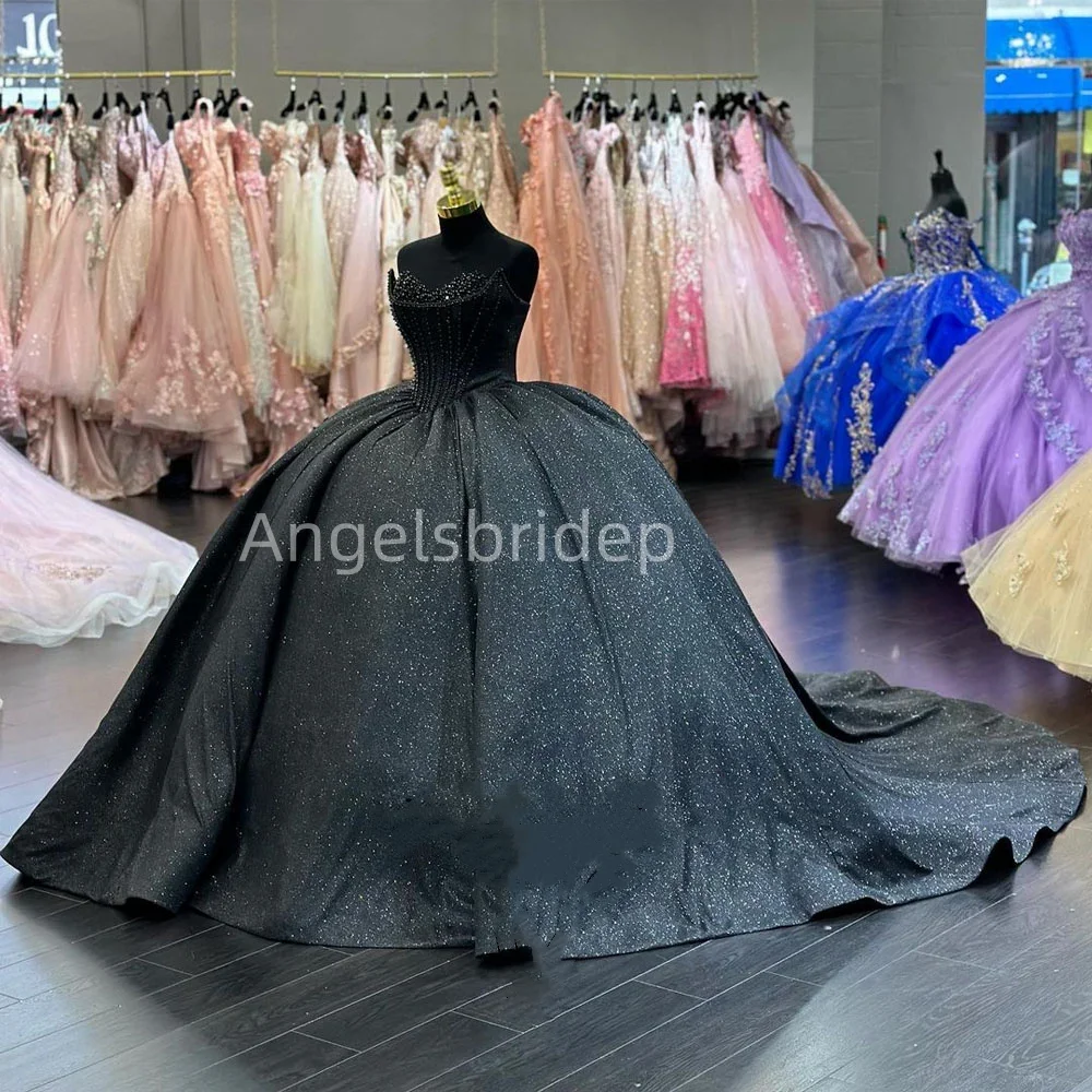 Angelsbridep Vintage czarne suknia balowa obszywana koralikami bez rękawów 15 sukienka na Quinceanera suknie wieczorowe Brithday Vestidos De Fiesta