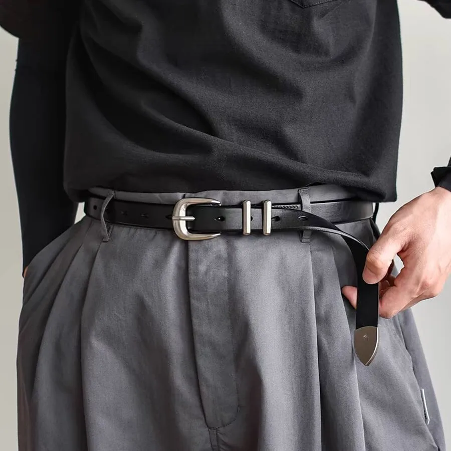 Retro Silver Buckle Leather Belt Women's High-End First Layer Cowhide Belt Ins Style Accessory
