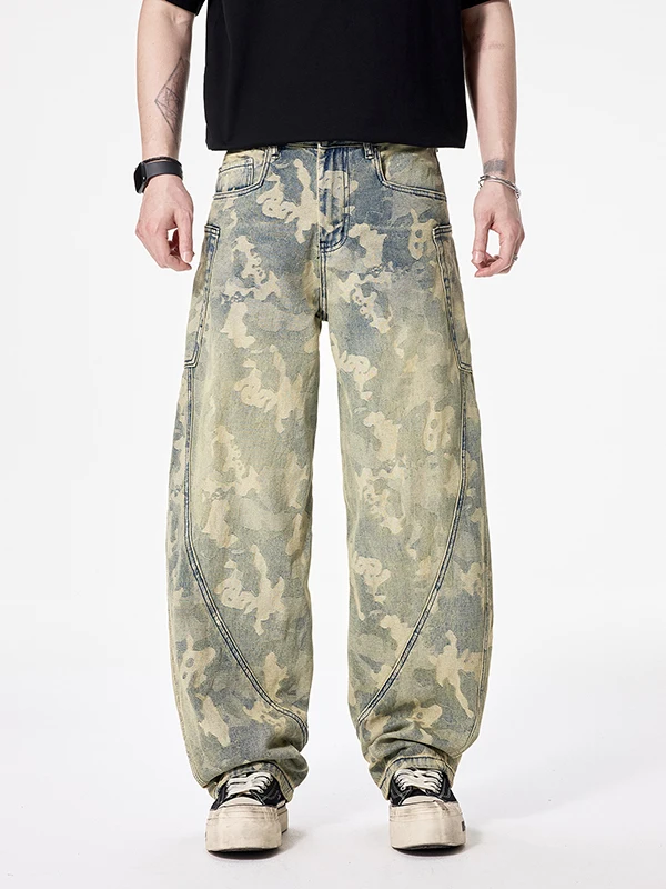 

American Retro Men's Denim Jeans Cleanfit Large Pocket Patchwork Loose Wide Leg High Street Vibe Knife Pants Casual Fashion