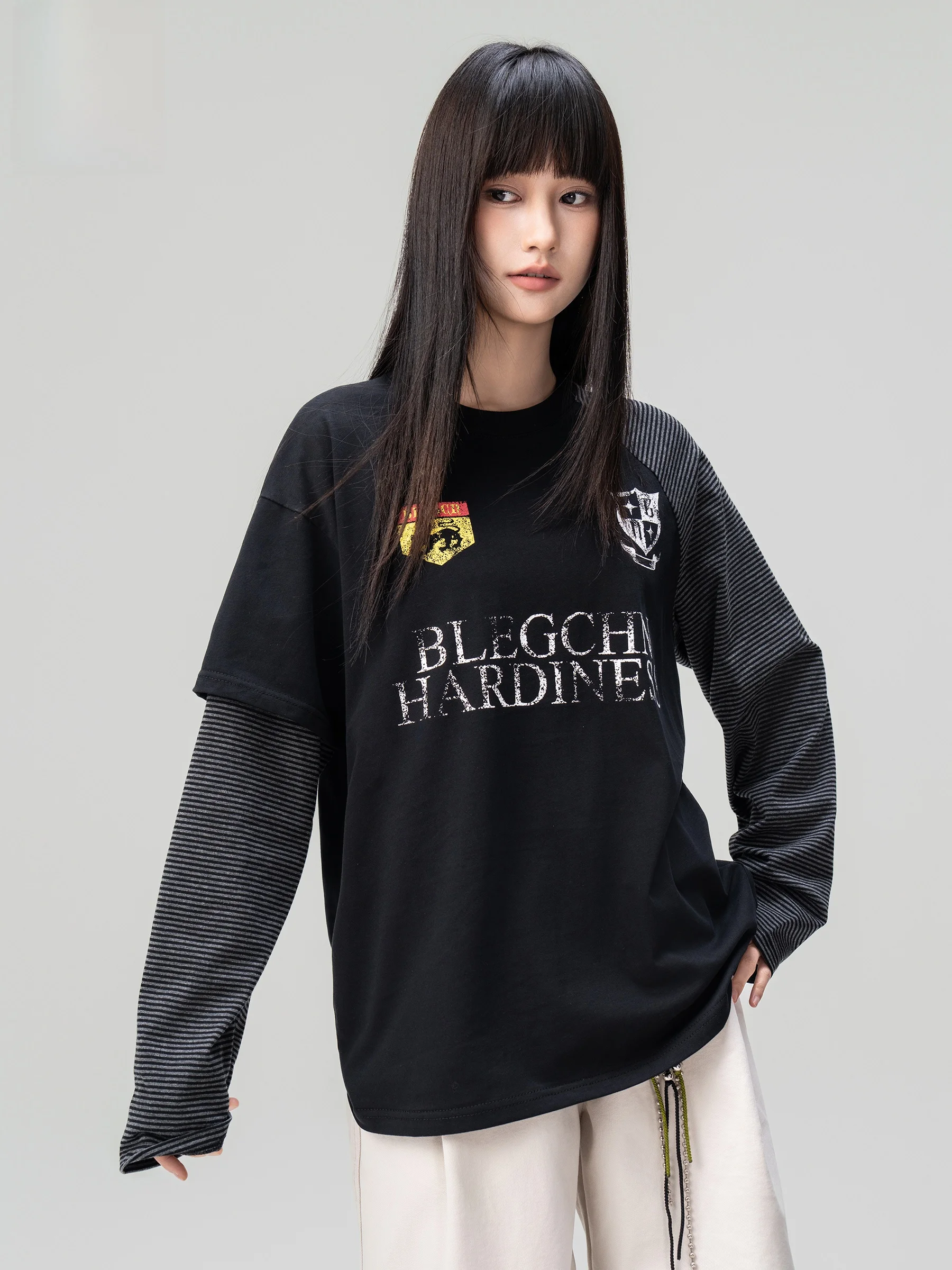 AOGZ Irregular Splicing Fake Two-Piece Hoodie Men's Spring New American Trend Brand Design Long Sleeve T-Shirt Women's Top