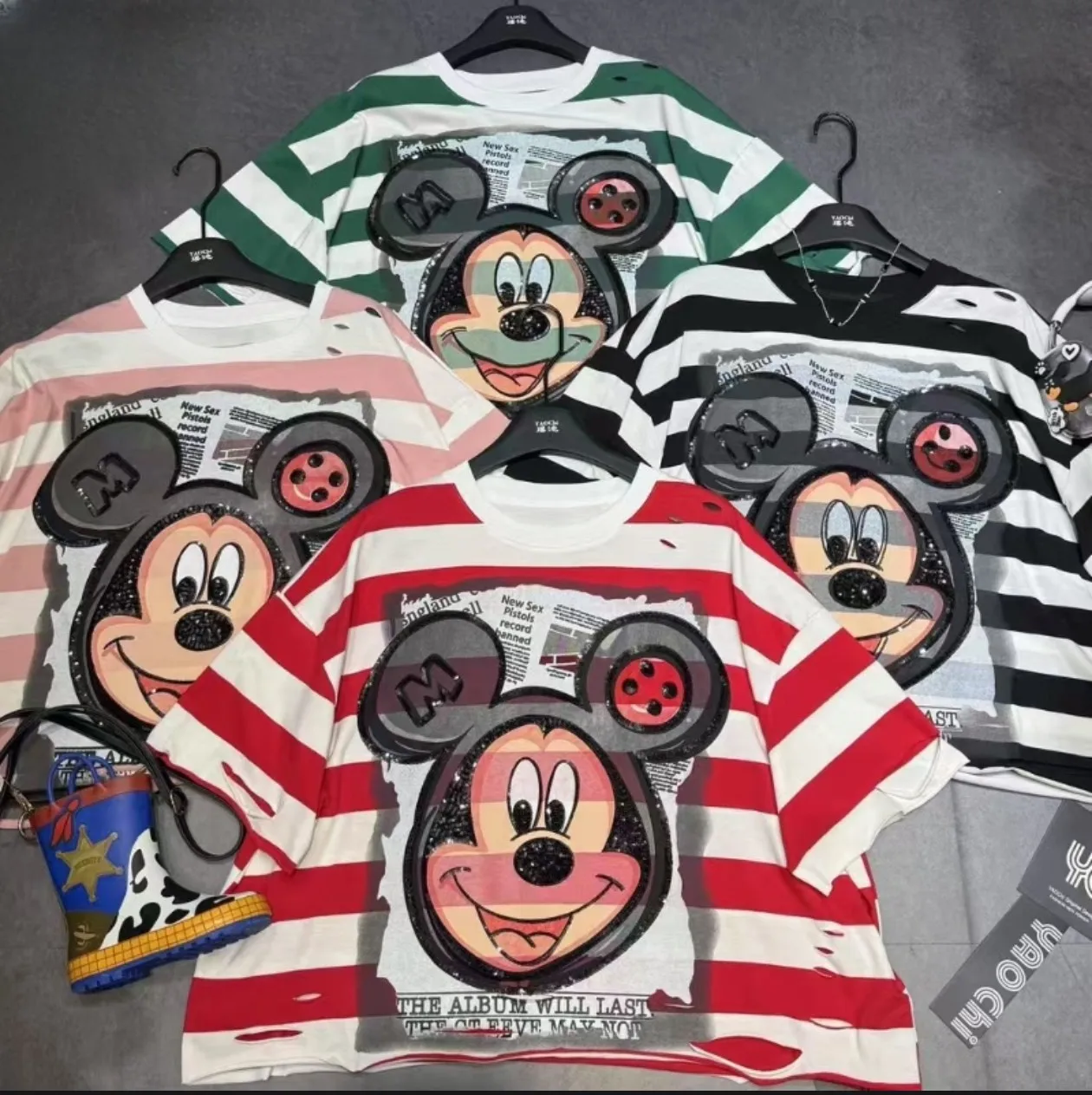 

High Quality Retro Striped Oversized T Shirt Summer Trend Brand American Sequins Mickey Short Sleeved Tee Women High Street Top