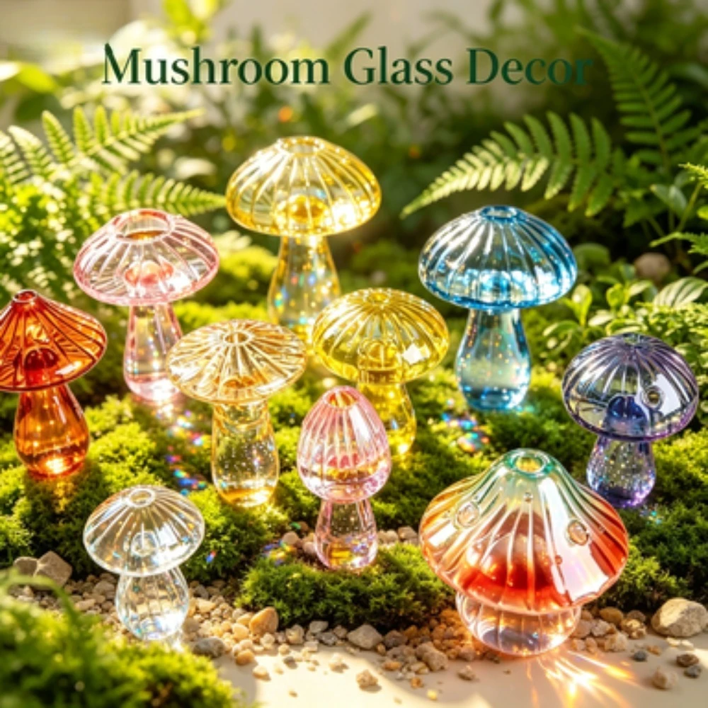 Colourful Mushroom Vase Plant Glass Plant Bud Vase Creative Desktop Decor for Living Room Garden Aromatherapy Display Ornament